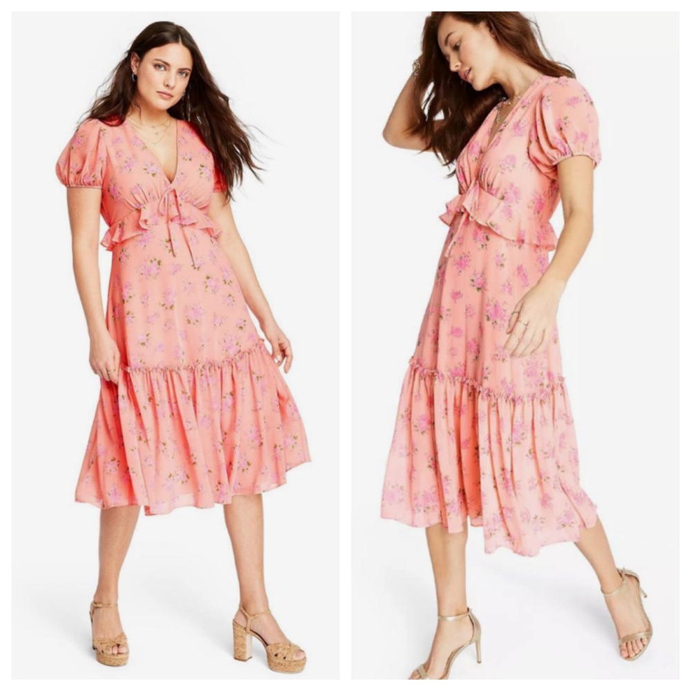 LoveShackFancy Target Pink Floral Puff Sleeve Tiered Midi Dress Sz‎ 6 V-Neck Tie